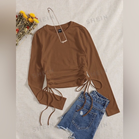Ruched Drawstring Long Sleeve Brown Top - Picture 1 of 4